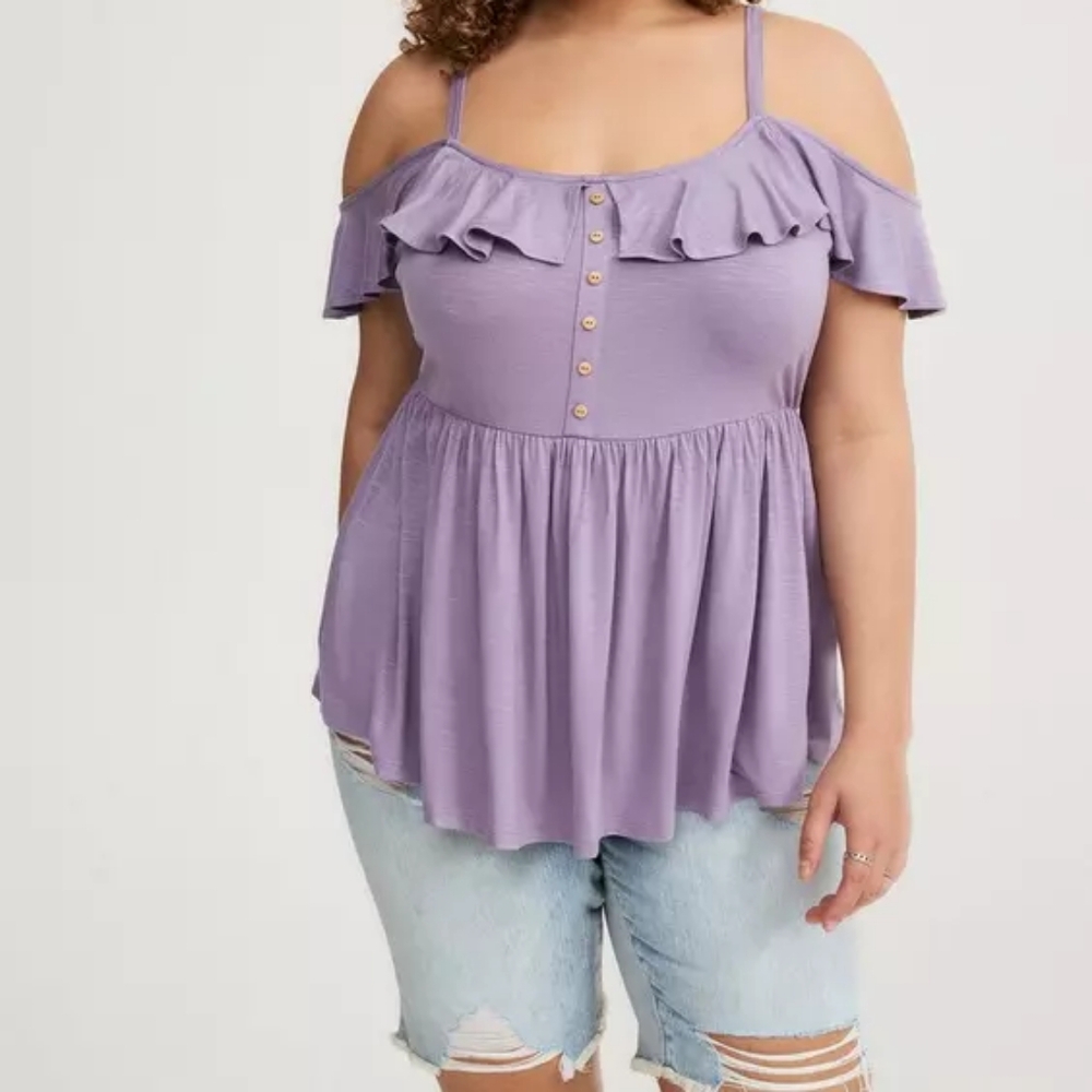Torrid Purple Ruffle Off-Shoulder Front Button Babydoll Top Size 1X